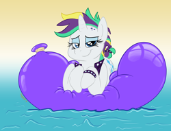 Size: 2244x1710 | Tagged: safe, artist:rupertbluefox, rarity, pony, unicorn, alternate hairstyle, balloon, gradient background, looking at you, prone, punk, raripunk, sexy, squishy, water