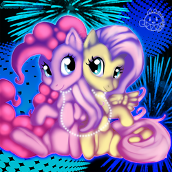 Size: 800x800 | Tagged: safe, artist:thepinkdemon, fluttershy, pinkie pie, earth pony, pegasus, pony, abstract background, female, leash, mare, sitting