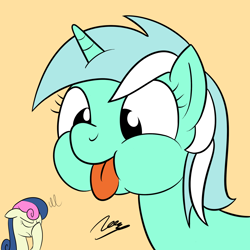 Size: 2000x2000 | Tagged: safe, artist:soulfulmirror, bon bon, lyra heartstrings, sweetie drops, earth pony, pony, unicorn, :p, bon bon is not amused, cute, eyes closed, facehoof, female, floppy ears, frown, gradient background, lyrabetes, mare, puffy cheeks, silly, silly face, silly pony, simple background, smiling, tongue out, unamused, yellow background