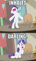 Size: 600x1000 | Tagged: safe, edit, edited screencap, screencap, rarity, pony, unicorn, dragon dropped, bipedal, boi, caption, cropped, darling, gramophone, image macro, meme, post office, solo, text