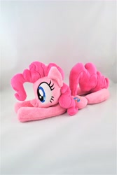 Size: 3648x5472 | Tagged: safe, artist:kazzysart, pinkie pie, pony, absurd resolution, beanie (plushie), high res, irl, photo, plushie, prone, smiling, solo
