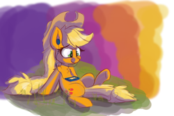 Size: 1280x853 | Tagged: safe, artist:heir-of-rick, applejack, earth pony, pony, headphones, sitting, solo