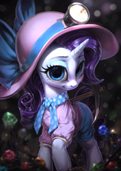 Size: 765x1080 | Tagged: safe, artist:assasinmonkey, rarity, pony, unicorn, dragon dropped, blushing, cave, clothes, cute, eyeshadow, female, gem, gem cave, headlamp, helmet, light, looking at you, makeup, mare, mining, pickaxe, raribetes, smiling, solo