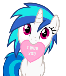 Size: 1280x1482 | Tagged: safe, artist:stealth1546, dj pon-3, vinyl scratch, pony, unicorn, bronybait, female, horn, looking at you, mare, mouth hold, pun, simple background, solo, transparent background, valentine, vector, wub