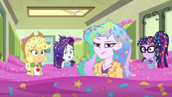 Size: 1920x1080 | Tagged: safe, screencap, applejack, princess celestia, principal celestia, rarity, sci-twi, twilight sparkle, best trends forever, best trends forever: pinkie pie, equestria girls, equestria girls series, canterlot high, celestia is not amused, confetti, embarrassed grin, imminent detention, messy hair, not this shit again, ponytail, raised eyebrow, this will end in detention, unamused