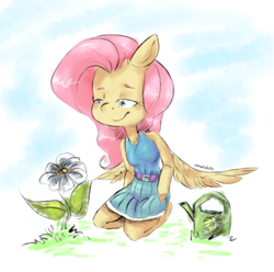 Size: 1512x1500 | Tagged: safe, artist:cloudyhills, fluttershy, anthro, pegasus, unguligrade anthro, arm hooves, clothes, dress, female, flower, grass, kneeling, lidded eyes, looking at something, looking down, mare, solo, spread wings, watering can, wings