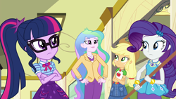 Size: 1920x1080 | Tagged: safe, screencap, applejack, princess celestia, principal celestia, rarity, sci-twi, twilight sparkle, better together, equestria girls, geode of shielding, geode of super strength, geode of telekinesis, magical geodes