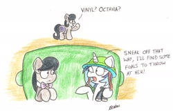 Size: 2073x1347 | Tagged: safe, artist:bobthedalek, dj pon-3, octavia melody, vinyl scratch, oc, oc:mixed melody, oc:octavia's mother, earth pony, pony, unicorn, binoculars, female, helmet, hiding, sofa, traditional art