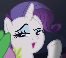 Size: 388x341 | Tagged: safe, screencap, rarity, spike, dragon, pony, unicorn, dragon dropped, :3, cropped, female, mare, open mouth, raised eyebrow, raised hoof