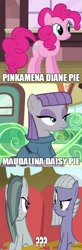 Size: 448x1373 | Tagged: safe, edit, edited screencap, screencap, limestone pie, marble pie, maud pie, pinkie pie, pony, rock solid friendship, full name, maudalina daisy pie, pie sisters, pinkamena diane pie, screencap comic, siblings, sisters, wrong aspect ratio