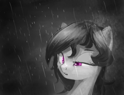 Size: 2500x1920 | Tagged: safe, artist:qweeli, octavia melody, earth pony, pony, alternate hairstyle, grayscale, monochrome, neo noir, partial color, rain, solo