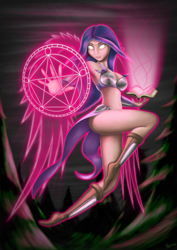 Size: 2480x3508 | Tagged: safe, artist:the1xeno1, derpibooru import, twilight sparkle, human, armpits, book, clothes, glowing eyes, gritted teeth, humanized, magic, magic circle, pentagram, skirt, solo, unconvincing armor