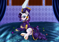 Size: 6300x4550 | Tagged: safe, artist:darksly, rarity, pony, unicorn, absurd resolution, ancient wonderbolts uniform, bedroom eyes, blushing, butt, clothes, commission, dock, featureless crotch, female, frog (hoof), hat, hoof shoes, horseshoes, looking at you, looking back, looking back at you, lying down, mare, night, on side, plot, rear view, sexy, sgt. rarity, solo, underhoof, uniform