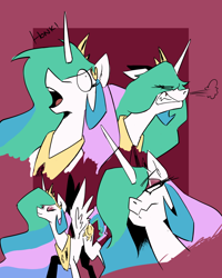 Size: 800x1000 | Tagged: safe, artist:tigerdehavilland, princess celestia, alicorn, pony, abstract background, angry, derp, eyes closed, eyeshadow, fangs, female, frown, glare, gritted teeth, honk, lidded eyes, looking back, looking up, majestic as fuck, makeup, mare, open mouth, smiling, snorting, solo, spread wings, swanlestia, unamused, wavy mouth, wide eyes, wings