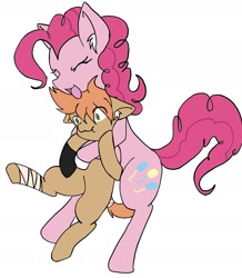 Size: 2052x2353 | Tagged: safe, artist:steelsoul, pinkie pie, oc, oc:himmel, pony, bandage, bipedal, hape, hug, simple background, surprise hug, white background