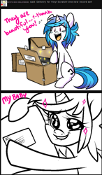 Size: 507x868 | Tagged: safe, artist:lolopan, dj pon-3, vinyl scratch, pony, unicorn, box, comic, dub trot, solo, tumblr