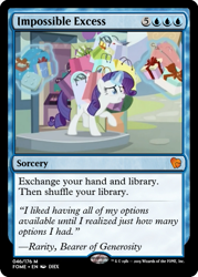 Size: 375x523 | Tagged: safe, edit, edited screencap, screencap, rarity, pony, unicorn, dragon dropped, ccg, female, magic, magic aura, magic the gathering, mare, shopping, shopping bags, solo, struggling, telekinesis, trading card, trading card edit