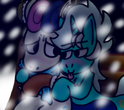 Size: 900x800 | Tagged: safe, artist:dragonpone, derpibooru exclusive, bon bon, lyra heartstrings, sweetie drops, bedroom eyes, blushing, clothes, drunk, earmuffs, female, gloves, lesbian, lyrabon, scarf, shipping, snow, snowfall, tongue out, worried