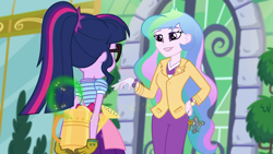 Size: 1920x1080 | Tagged: safe, screencap, princess celestia, principal celestia, sci-twi, twilight sparkle, equestria girls, equestria girls series, my little shop of horrors, celestia's house, clothes, gloves, hand on hip, key, magic, rear view, watering can