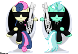 Size: 10000x7000 | Tagged: safe, artist:tardifice, artist:template93, bon bon, lyra heartstrings, sweetie drops, pony, absurd resolution, bipedal, chair, clothes, crossed hooves, crossover, duo, gun, mares in black, men in black, necktie, simple background, sunglasses, transparent background, vector, weapon