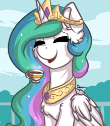 Size: 601x690 | Tagged: safe, artist:deraniel, princess celestia, alicorn, pony, chest fluff, cup, cute, cutelestia, ear fluff, eyes closed, female, food, jewelry, mare, regalia, smiling, solo, tea, teacup