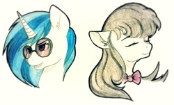 Size: 1310x792 | Tagged: safe, artist:kira-minami, dj pon-3, octavia melody, vinyl scratch, earth pony, pony, traditional art