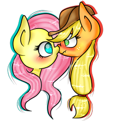 Size: 2154x2303 | Tagged: safe, artist:cofee-love, applejack, fluttershy, earth pony, pegasus, pony, appleshy, blushing, boop, female, lesbian, noseboop, nuzzling, shipping, simple background, transparent background, wavy mouth