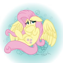 Size: 2238x2238 | Tagged: safe, artist:jen-neigh, fluttershy, pegasus, pony, covering, covering face, curled up, cute, female, floppy ears, looking at you, looking up, mare, shyabetes, solo, spread wings, wings