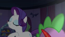 Size: 1920x1080 | Tagged: safe, screencap, rarity, spike, dragon, pony, unicorn, dragon dropped