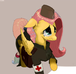 Size: 2300x2255 | Tagged: safe, artist:modak, fluttershy, pegasus, pony, cap, clothes, crying, floppy ears, folded wings, hat, looking up, medic, military uniform, raised hoof, saddle bag, teary eyes, uniform