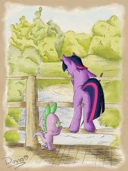 Size: 775x1031 | Tagged: safe, artist:dunnowhattowrite, derpibooru import, spike, twilight sparkle, dragon, bridge, reference, river, winnie the pooh