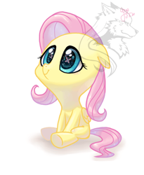 Size: 1024x1249 | Tagged: safe, artist:ogre, fluttershy, pegasus, pony, blank flank, eye reflection, floppy ears, folded wings, looking up, reflection, simple background, sitting, smiling, solo, watermark, younger