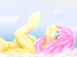 Size: 709x531 | Tagged: safe, artist:ponysunrise, fluttershy, pegasus, pony, bright, chest fluff, looking up, on back, profile, raised hoof, solo