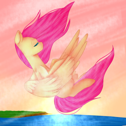 Size: 1024x1029 | Tagged: safe, artist:chibuuuowo, fluttershy, pegasus, pony, eyes closed, falling, peaceful, profile, solo, spread wings, wings