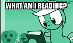 Size: 268x156 | Tagged: safe, artist:dori-to, lyra heartstrings, pony, unicorn, comic:silly lyra, book, female, floppy ears, frown, greenscale, hoof hold, image macro, mare, meme, monochrome, reaction image, silly lyra, solo, text, wide eyes