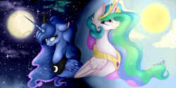 Size: 2000x1000 | Tagged: safe, artist:invaderkj, princess celestia, princess luna, alicorn, pony, duo, moon, peytral, royal sisters, sun