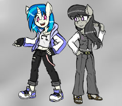 Size: 1100x950 | Tagged: safe, artist:ichibangravity, dj pon-3, octavia melody, vinyl scratch, anthro, plantigrade anthro, clothes, feet, open mouth, sandals, standing