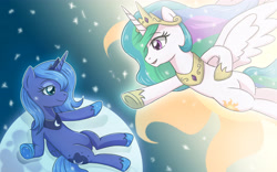 Size: 4724x2952 | Tagged: safe, artist:sumin6301, princess celestia, princess luna, alicorn, pony, cloud, fine art parody, high res, night, parody, reaching out, royal sisters, stars, the creation of adam