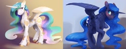 Size: 2640x1020 | Tagged: safe, artist:silfoe, princess celestia, princess luna, alicorn, pony, alternate design, blushing, colored hooves, cute, cutelestia, dappled, ethereal mane, female, lunabetes, mare, piebald colouring, royal sisters, simple background, sisters, spread wings, starry mane, wings