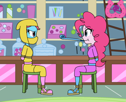 Size: 1024x832 | Tagged: safe, artist:author92, cup cake, pinkie pie, equestria girls, arm behind back, bondage, brightly colored ninjas, chair, kunoichi, masks, ninja, party horn, rope, rope bondage, sandals, sugarcube corner, tied up