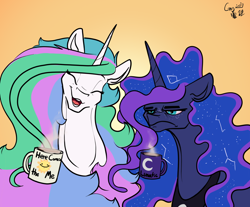 Size: 1280x1061 | Tagged: dead source, safe, artist:greyscaleart, princess celestia, princess luna, alicorn, pony, beverage, bust, coffee, faic, female, grumpy, here comes the sun, mare, mug, royal sisters, sisters