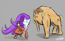 Size: 1248x777 | Tagged: safe, artist:liracrown, applejack, rarity, earth pony, pony, unicorn, beast, blushing, boots, clothes, dress, ear piercing, earring, flowing mane, gloves, jewelry, mutation, piercing, sketch