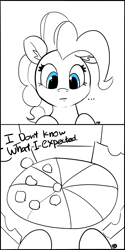 Size: 960x1920 | Tagged: safe, artist:pabbley, pinkie pie, earth pony, pony, arrested development, comic, female, food, mare, none pizza with left beef, partial color, pizza, simple background, solo, white background