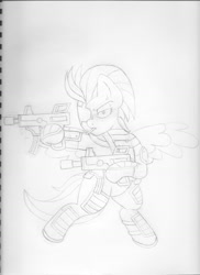 Size: 1338x1840 | Tagged: safe, artist:blackbewhite2k7, lightning dust, deathstroke, dual wield, gun, monochrome, sketch, solo, submachinegun, traditional art, wip