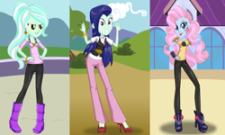 Size: 908x546 | Tagged: safe, artist:prettycelestia, blueberry cake, lyra heartstrings, violet blurr, equestria girls, background human