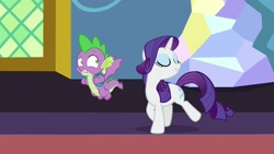 Size: 1920x1080 | Tagged: safe, screencap, rarity, spike, dragon, pony, unicorn, dragon dropped, backpack, flying, winged spike