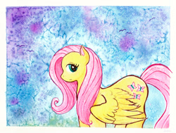 Size: 1200x908 | Tagged: safe, artist:kaikaku, fluttershy, pegasus, pony, female, looking sideways, mare, solo, spread wings, standing, traditional art, unsure, watercolor painting, wings