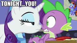 Size: 960x540 | Tagged: safe, edit, edited screencap, screencap, rarity, spike, dragon, pony, unicorn, dragon dropped, aqua teen hunger force, caption, hand banana, image macro, text, tonight you, winged spike