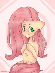 Size: 768x1024 | Tagged: safe, artist:samame, fluttershy, pegasus, pony, female, floppy ears, hooves to the chest, hooves together, looking at you, looking sideways, mare, sitting, smiling, solo