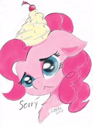 Size: 1628x2222 | Tagged: safe, artist:zemer, pinkie pie, earth pony, pony, bust, cherry, dialogue, food, frosting, simple background, solo, sorry, white background